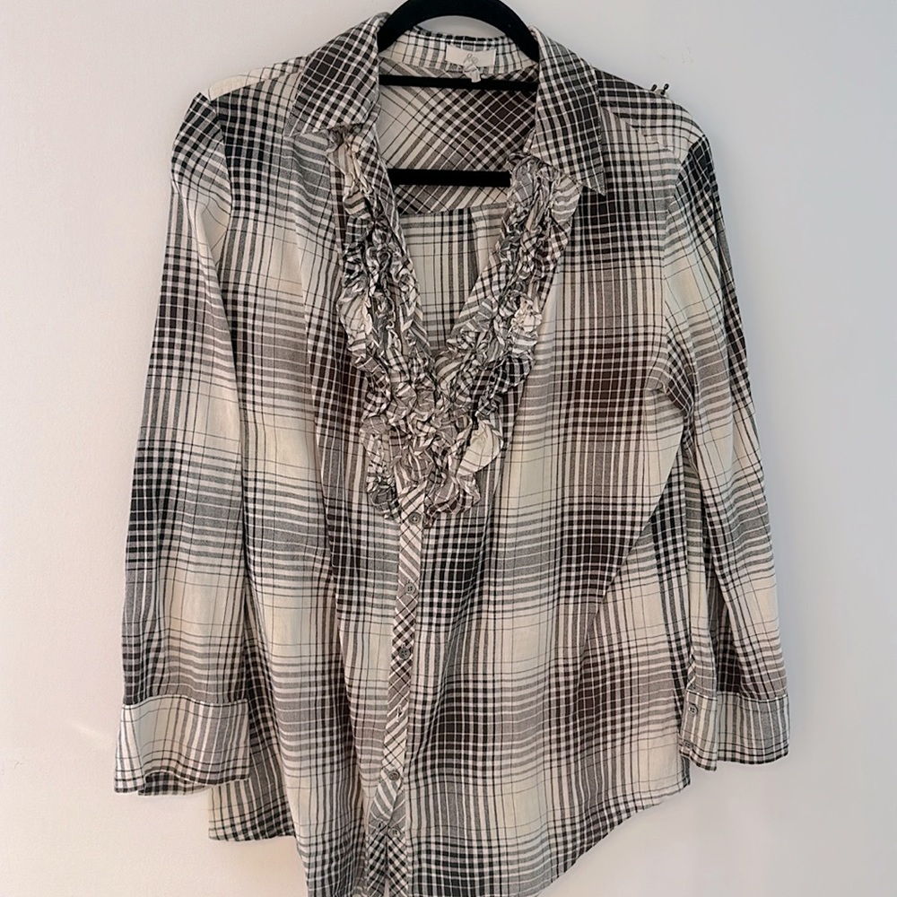 Joie black and white plaid flannel blouse with ruffle neckline size L